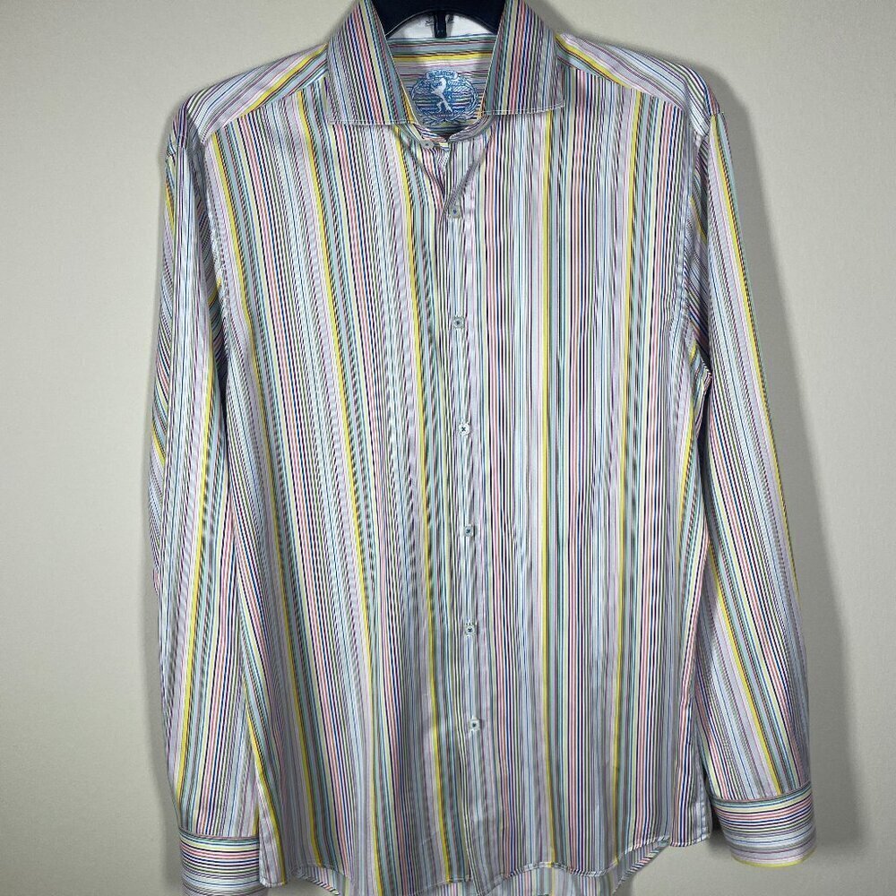 Bugatchi Men's Colorful Stripe Button-Up Shaped Fit Shirt L Preppy